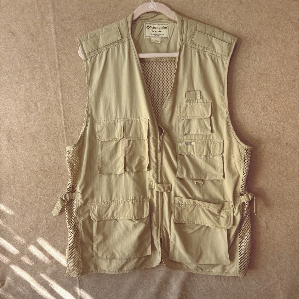 Weekender Traveler Adventure Series‎ Vest Mens Sz XL Beige Mesh Full Zip Pockets